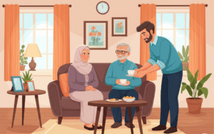 Respecting parents in Islam. A son is taking care of his parents