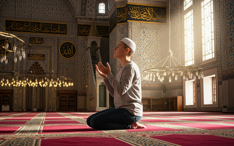 Worship in Islam: Islamic guidance for youth. a boy praying