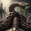 A snake made of rusty chains coils around coins, a powerful symbol of Interest in Islam and the sin of Riba.