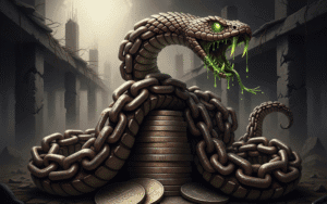 A snake made of rusty chains coils around coins, a powerful symbol of Interest in Islam and the sin of Riba.