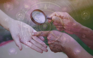 A person's palm being examined, surrounded by astrological symbols, representing the topic of Astrology in Islam.