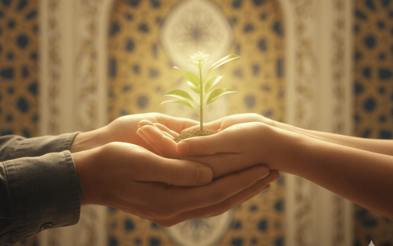 Hands gently holding a glowing sapling, symbolizing new life and thoughtful Birth Control and Family Planning in Islam