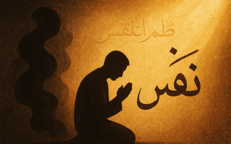 Islamic illustration showing the struggle with sins in Islam and the path of redemption in Islam through light and darkness.