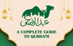 A graphic banner for an article on Qurbani rules. It features the title "A Complete Guide to Qurbani" and the Arabic text for Eid al-Adha, with silhouettes of a camel, mosque, and lanterns.