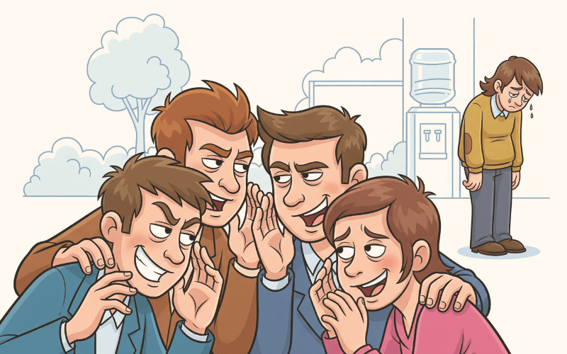 A cartoon illustration depicting the concept of backbite in islam, where a group of people are shown gossiping while one person stands alone looking sad.