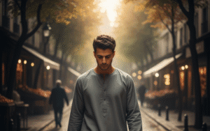 A pious man walking through a market with his eyes lowered, exemplifying lowering the gaze in Islam.