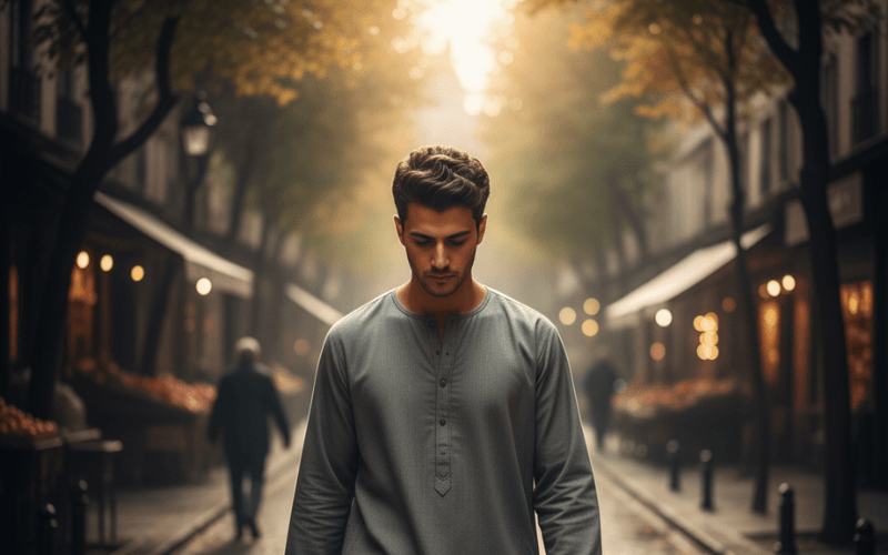 A pious man walking through a market with his eyes lowered, exemplifying lowering the gaze in Islam.