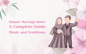An illustration of a Muslim couple with the text "muslim marriage rules: A Complete Guide to Nikah and Traditions."