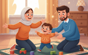 Happy parents and child playing, depicting principles of successful parenting in an Islamic family setting.