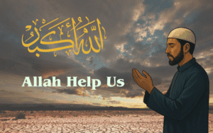 A Muslim man stands in prayer beneath stormy skies with glowing Arabic calligraphy of "Allah" above him, symbolizing faith and patience during hardships — representing the theme of Why Allah Tests Us.