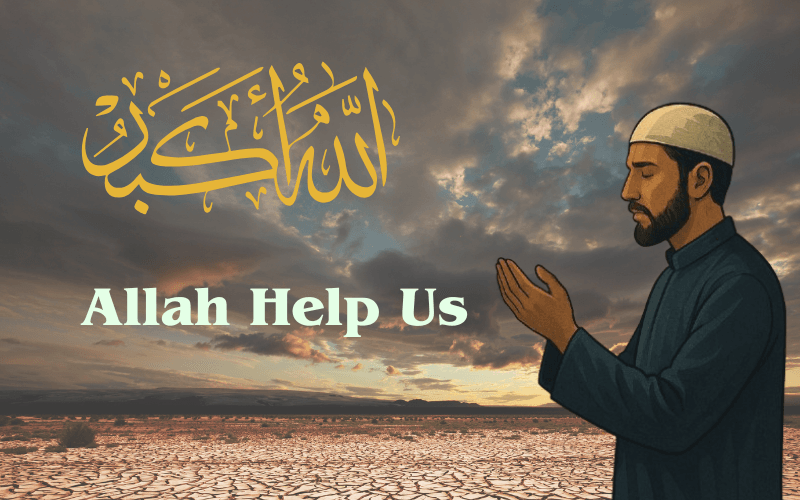 A Muslim man stands in prayer beneath stormy skies with glowing Arabic calligraphy of "Allah" above him, symbolizing faith and patience during hardships — representing the theme of Why Allah Tests Us.