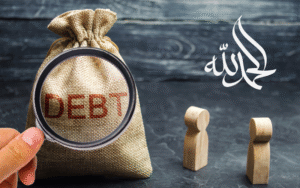 Visualizing debt in Islam: A magnifying glass highlights "DEBT" on a money bag, signifying its importance in Islamic financial responsibility, beside two people figures and Arabic calligraphy for Allah.
