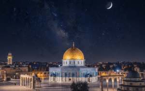 Laylatul Miraj night scene featuring the illuminated Dome of the Rock in Masjid al-Aqsa complex, Jerusalem, under a starry sky.