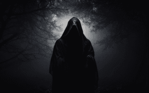 A dark, hooded figure representing evil or temptation, standing in a foggy, eerie forest, highlighting the need for protection from Shaytan.