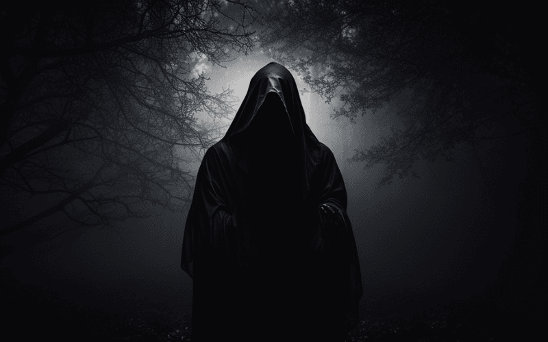 A dark, hooded figure representing evil or temptation, standing in a foggy, eerie forest, highlighting the need for protection from Shaytan.