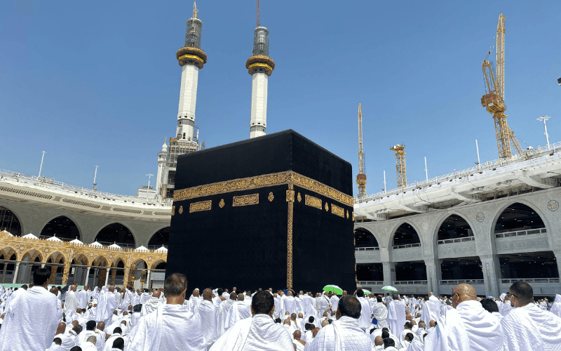 Pilgrims performing hajj rituals around the Kaaba in Mecca.