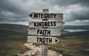 Weathered wooden signpost with arrows pointing to "Integrity," "Kindness," "Faith," and "Truth," symbolizing choices and a path forward amidst moral decline.