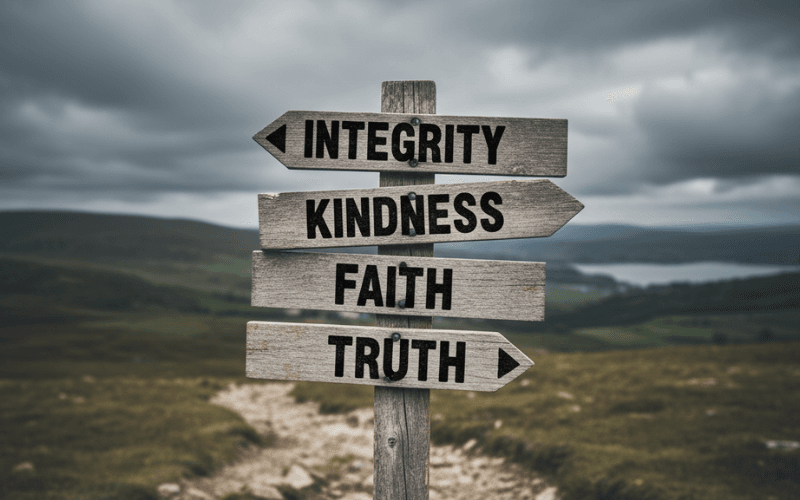 Weathered wooden signpost with arrows pointing to "Integrity," "Kindness," "Faith," and "Truth," symbolizing choices and a path forward amidst moral decline.