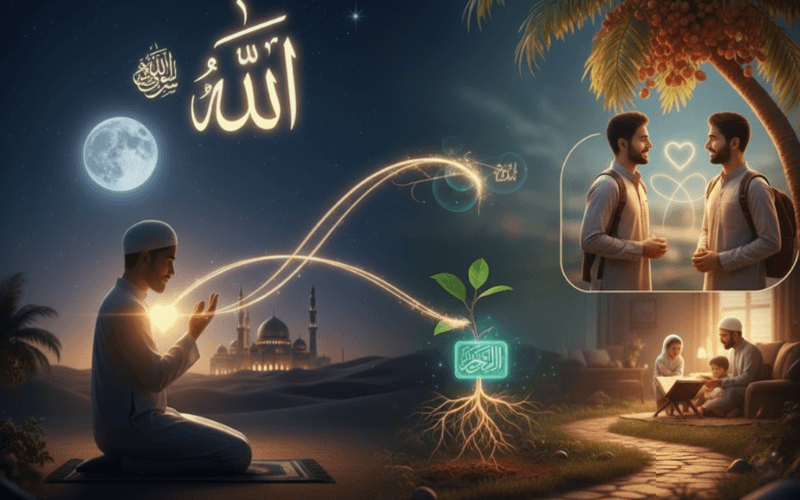 Illustration showing various Types of Sadaqah: a man praying, a couple with a heart, a plant growing, and a family reading Quran.