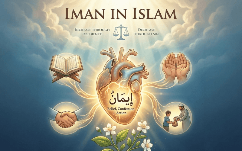 Conceptual illustration of Iman in Islam featuring a glowing heart, Quran, and good deeds, representing the definition, pillars, and the increase and decrease of faith.