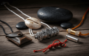 Taweez in Islam: Man wearing prohibited protective amulets on black strings.