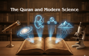 Edwin Hubble looking through a telescope next to the Quranic verse about the expanding universe and a cosmic expansion diagram.