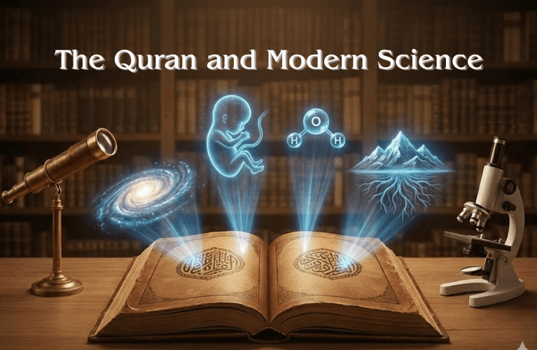 Edwin Hubble looking through a telescope next to the Quranic verse about the expanding universe and a cosmic expansion diagram.